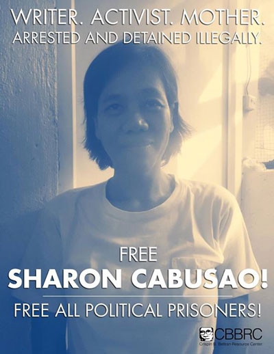Cartaz a exigir a libertação de Rosanna (Sharon) Cabusao e de todos os presos políticos